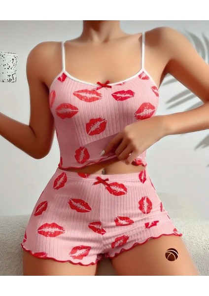 Lily Pembe Siyah Pembe Öpücük Desenli %100 Pamuk Ince Askılı Büstiyer Şort Takım