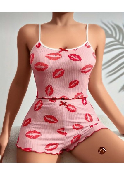 Lily Pembe Siyah Pembe Öpücük Desenli %100 Pamuk Ince Askılı Büstiyer Şort Takım