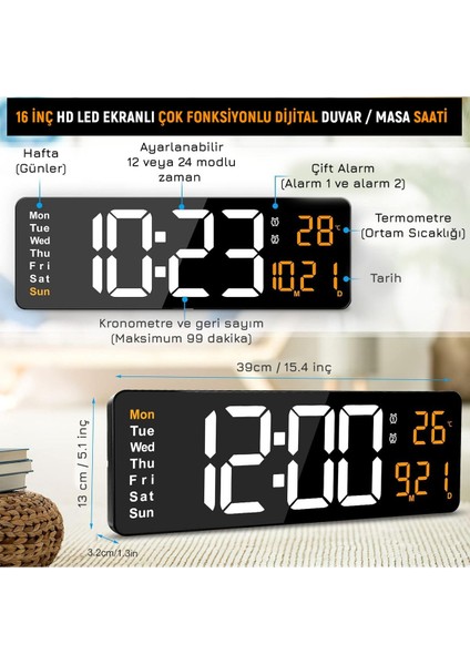Kumandalı Büyük Hd LED Ekranlı Termometreli Tarih ve Alarmlı Dijital Masa Duvar Saati Turuncu modelleri