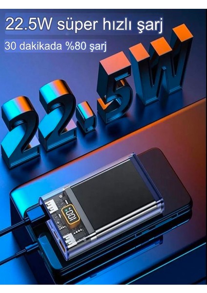 LCD 22.5W Type-C & Lightning Kablolu Hızlı iPhone Şarj Aleti - 10,000mAh Taşınabilir Powerbank