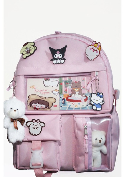 Kore Tarzı Aksesuarlı ve Ayıcıklı Okul Çantası Kız Çocuk ve Erkek Çocuk Sırt Çantası Pembe