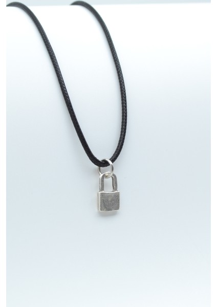 Minimal Kilit Deri ip Kolye - Gümüş Kaplama - Kadın Erkek Kolye - No:969
