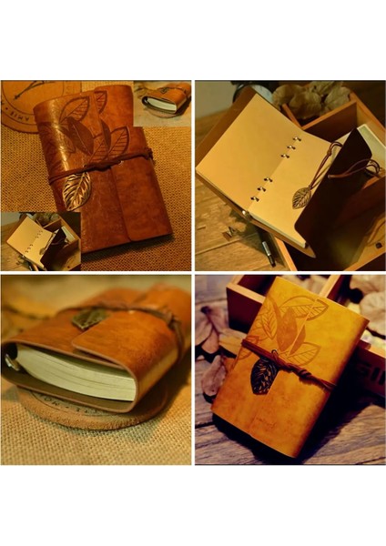 Özel Seri 4 Adet Deri Ciltli Vintage Defter Günlük, Hatıra, Ajanda, Gezi Notları Premium Hediye Seti modelleri