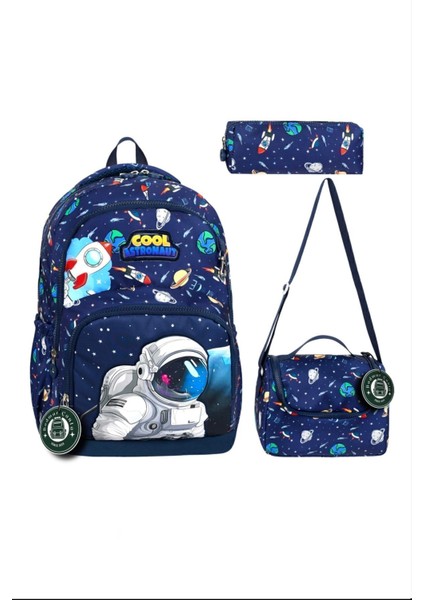 Astronot Uzay Üçlü Erkek Çocuk Ilkokul Okul Çantası Seti (Çanta + Termal Beslenme Çantası +Kalemlik