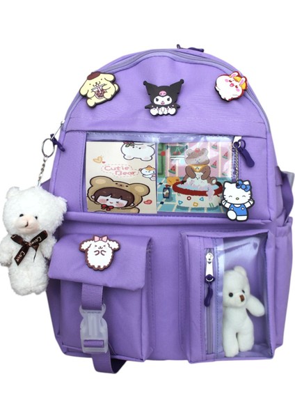 Kore Tarzı Aksesuarlı ve Ayıcıklı Okul Çantası Kız Çocuk ve Erkek Çocuk Sırt Çantası Lila