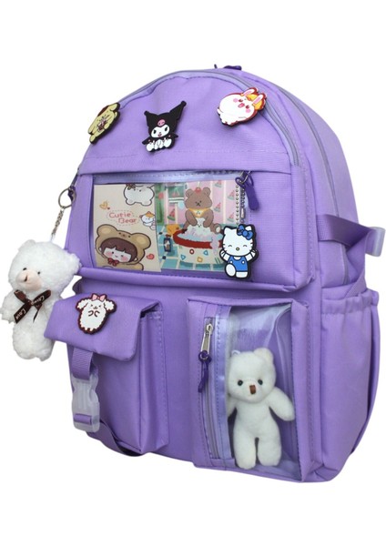 Kore Tarzı Aksesuarlı ve Ayıcıklı Okul Çantası Kız Çocuk ve Erkek Çocuk Sırt Çantası Lila fiyatları