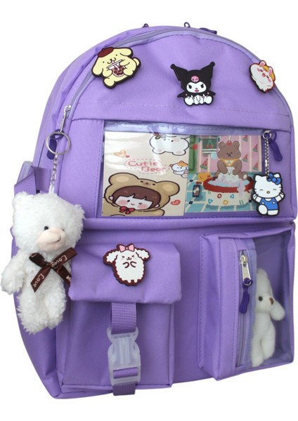 Kore Tarzı Aksesuarlı ve Ayıcıklı Okul Çantası Kız Çocuk ve Erkek Çocuk Sırt Çantası Lila modelleri