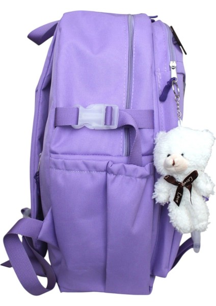 Kore Tarzı Aksesuarlı ve Ayıcıklı Okul Çantası Kız Çocuk ve Erkek Çocuk Sırt Çantası Lila fırsatları