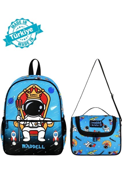Desenli Astronot Lisanslı Kombin Anaokul Sırt Çantası ve Termal Beslenme Çantası