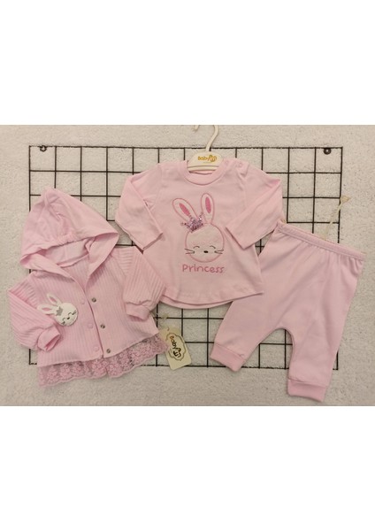 Mulyoso Butiq Tavşanlı Pembe Kapşonlu 3'lü Kız Bebek Takım, Hediyelik Bebek/çocuk Kıyafetleri