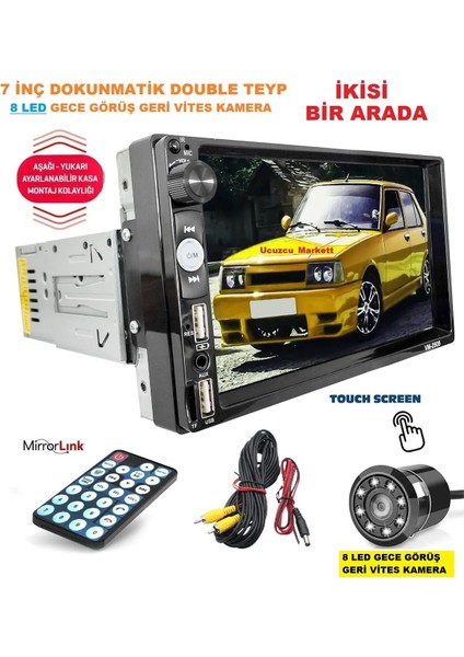 7 Inç Dokunmatik Double Teyp + 8 LED Gece Görüş Geri Vites Kamera Ikisi Bir Arada