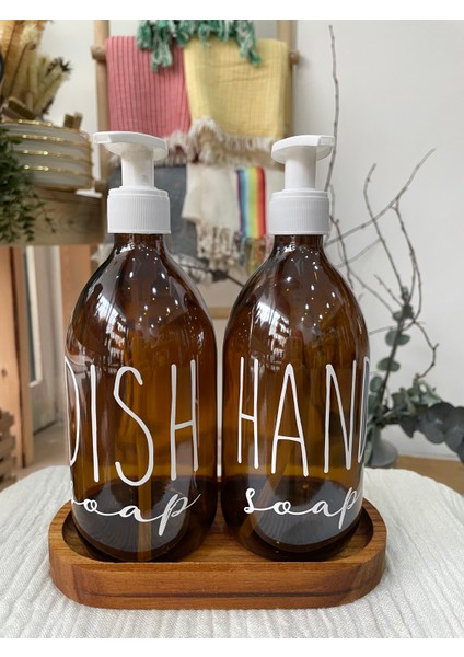 Ahşap Stantlı 2'li 500 ml Amber Cam Sıvı Sabun Şişesi Mutfak Sabunluk+Yedek Pompa Seti Hediye