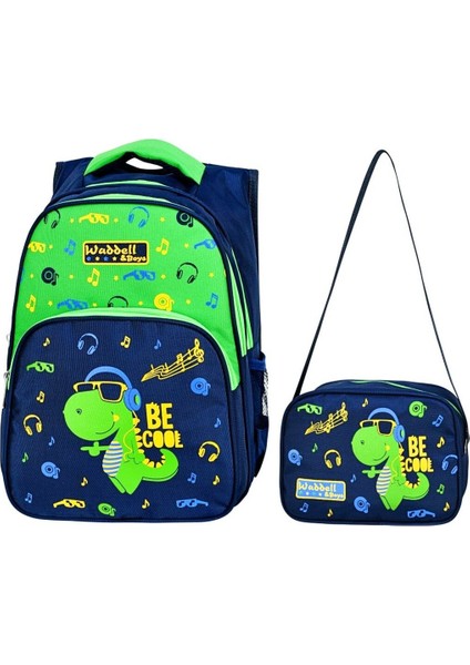 Waddell 3 Bölmeli Ilkokul Çantası ve Beslenme Çantası Dinazor Lacivert-Yeşil 3006