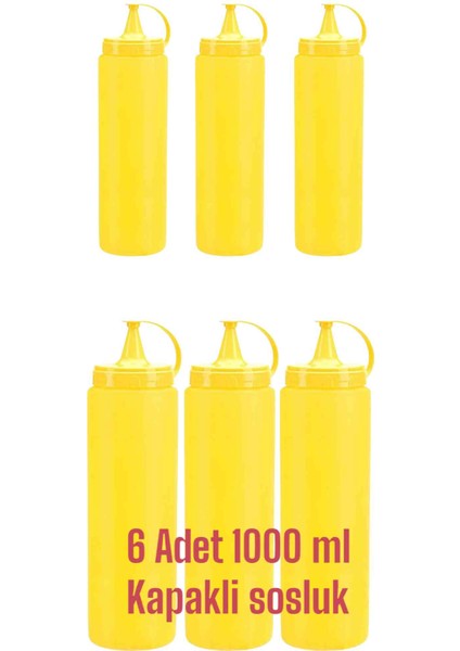 6 Adet 1000 ml Sarı Renkli, Kapaklı,fişek Sosluk, Hardallık,yağlık,sirkelik, Limonluk, Hardal Şişesi, Ketçap Şişesi, Mayonez Şişesi