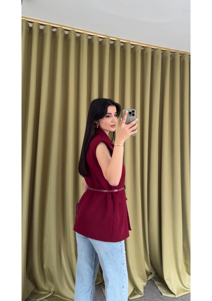 Astarlı Oversize Bordo Yelek