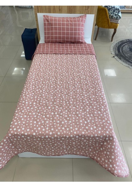 Çift Taraflı Tek Kişilik Kapitone Yatak Örtüsü Takımı Pudra Kare Yıldız