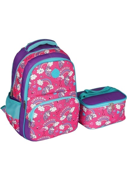 Kız Çocuk Kız Figürlü Ilkokul Sırt Çantası ve Beslenme Çantası Tek Ebat Pembe Turkuaz