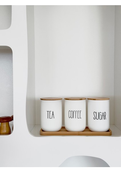 Bambu Standlı 3’lü Beyaz Cam Kavanoz Seti