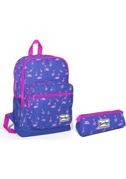 Dört Gözlü Ilkokul Sırt Çantası ve Kalemlik Seti - Kız Çocuk Mavi-Pembe Flamingolar