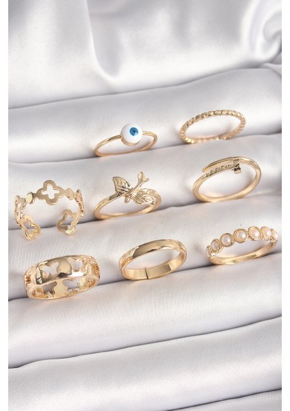 Pirinç Gold Renk Nazar Boncuk Model Kuş Detay Kadın Yüzük Kombini