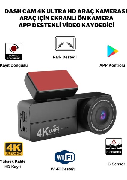 4K UHD Araç Içi Kamera Wifi 7/24 Kayıt Izleme Ön ve Arka Kamera App Kontrol G-Sensörlü Androis Ios Uyumlu