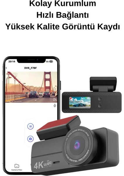 4K UHD Araç Içi Kamera Wifi 7/24 Kayıt Izleme Ön ve Arka Kamera App Kontrol G-Sensörlü Androis Ios Uyumlu
