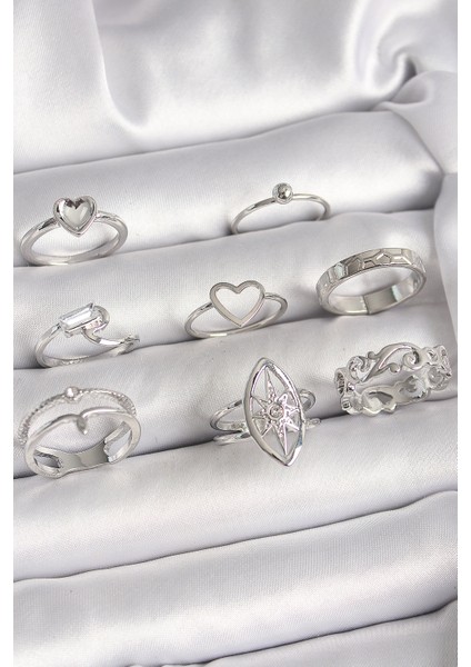 Pirinç Gümüş Renk Zirkon Taşlı Kalp Kutup Yıldız Figür Kadın Yüzük Kombini