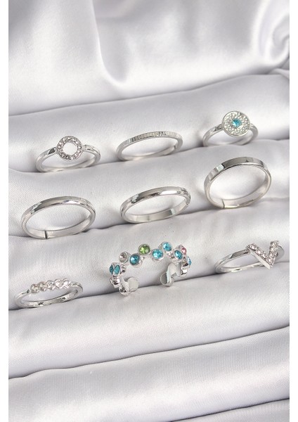 Pirinç Gümüş Renk Renkli Zirkon Taşlı Kadın Yüzük Kombini