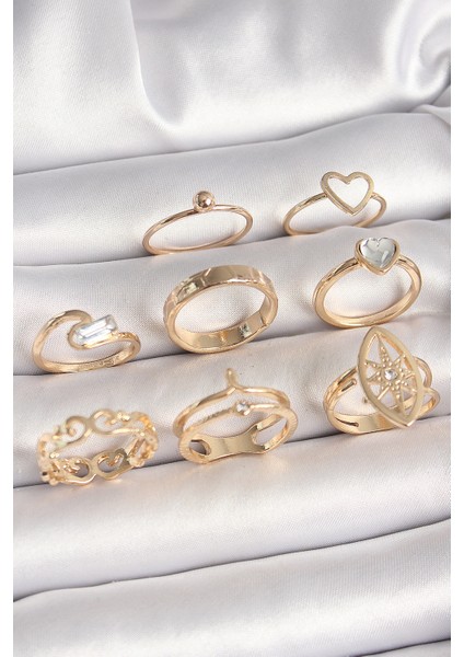 Pirinç Gold Renk Zirkon Taşlı Kalp Model Kutup Yıldız Detay Kadın Yüzük Kombini