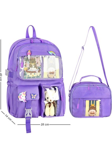 Kawaii Kore Tarzı Aksesuarlı Ilkokul Sırt Çantası Kız ve Termoslu Beslenme Çantası Set