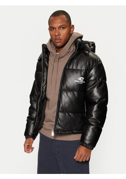 JCOTERRAIN Şişme Pu Deri Kapüşonlu Mont Kaban Siyah 12269722