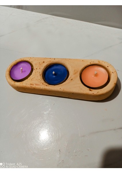Alçı Taş Döküm Üçlü Mumluk ve Üç Adet Tealıght Mum