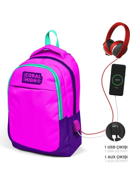 Pembe Mor Kız Çocuk USB Çıkışlı Ilkokul ve Ortaokul Sırt Çantası fiyatları