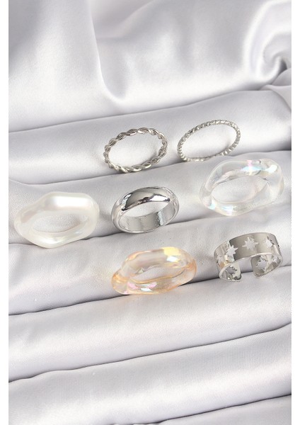 Pirinç Gümüş Renk Beyaz Akrilik Plastik Model Kutup Yıldız Işleme Detaylı Kadın Yüzük Kombini - Lisinya