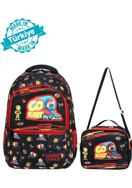 Formula Araba Deri Nakış Desenli Erkek Çocuk Ilkokul Sırt Çantası ve Beslenme Çantası