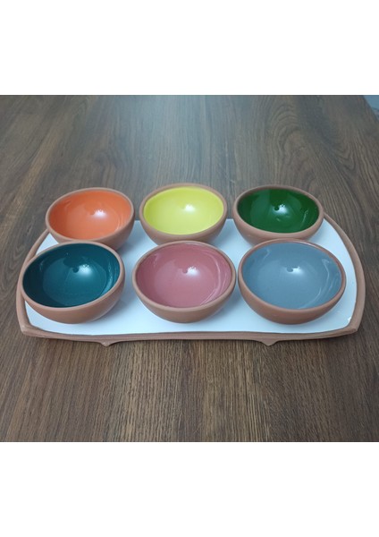 Store Toprak Dikdörtgen Beyaz Kahvaltılık Sunumluk Servis Tabağı+ 6'lı Renkli Sırlı Kase