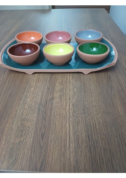 Store Toprak Dikdörtgen Yeşil Kahvaltılık Sunumluk Servis Tabağı +6 Adet Renkli Çerezlik Reçellik Kase