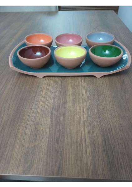 Store Toprak Dikdörtgen Yeşil Kahvaltılık Sunumluk Servis Tabağı +6 Adet Renkli Çerezlik Reçellik Kase