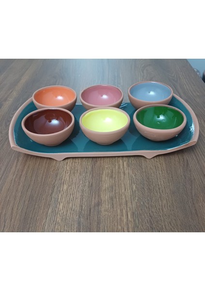 Store Toprak Dikdörtgen Yeşil Kahvaltılık Sunumluk Servis Tabağı +6 Adet Renkli Çerezlik Reçellik Kase
