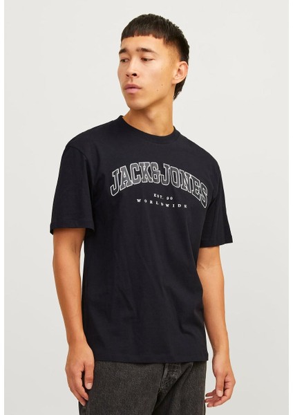 JJECALEB VARSITY 0 Yaka Black Erkek Tişört 12257579