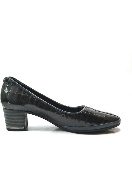 5367 Deri Siyah & Lacivert Anatomik Kısa Kalın Topuklu Kadın Ayakkabı