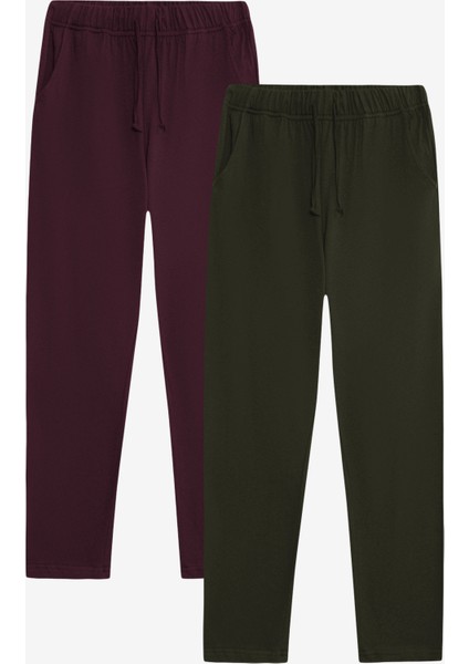 %100 Pamuk 2'li Premium Kumaş Pijama Altı Beli Regular Fit Lastikli Ipli Cepli Terletmez Esnek Bordo-Haki Erkek Rahat Kesim Eşofman Paket