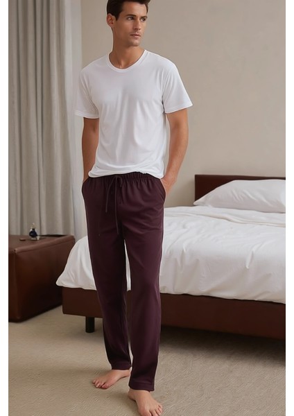 %100 Pamuk 2'li Premium Kumaş Pijama Altı Beli Regular Fit Lastikli Ipli Cepli Terletmez Esnek Bordo-Haki Erkek Rahat Kesim Eşofman Paket