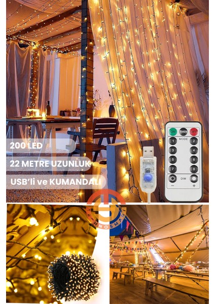200 Ledli Usbli Kumandalı 8 Modlu Şerit LED Işık Parti Süsleme Organizasyon Sarı Işık