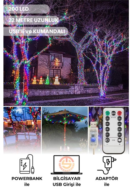 200 Ledli Usbli Kumandalı 8 Modlu Şerit LED Işık Parti Süsleme Organizasyon RGB Işık