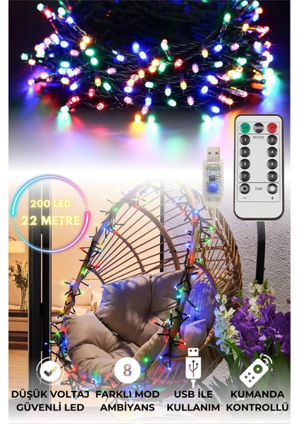 200 Ledli Usbli Kumandalı 8 Modlu Şerit LED Işık Parti Süsleme Organizasyon RGB Işık