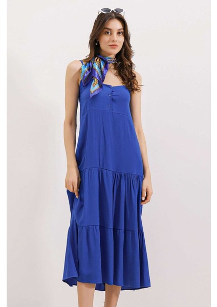 Butik 2403 Askılı Midi Elbise - Saks