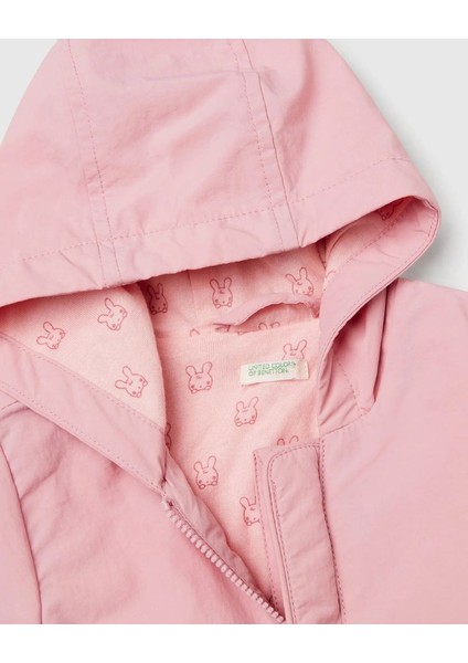 Kız Çocuk Pembe Fermuarlı ve Kapüşonlu Yağmurluk