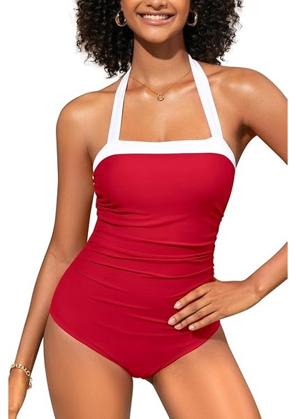 Shekını Karın Kontrolü Tek Parça Mayo Kadınlar Için Retro Halter Mayo Mütevazı Yüzme Kostümü Vintage Mayo Dolgulu Büyük Beden