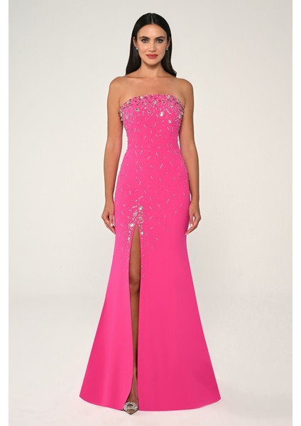 Straplez Taş Işlemeli Krep Uzun Abiye Elbise Alfa Beta